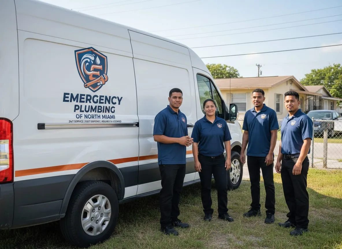 Plumbing technicians in navy polo shirts standing beside a service van with a copper-orange accent stripe outside a North Miami duplex home at midday