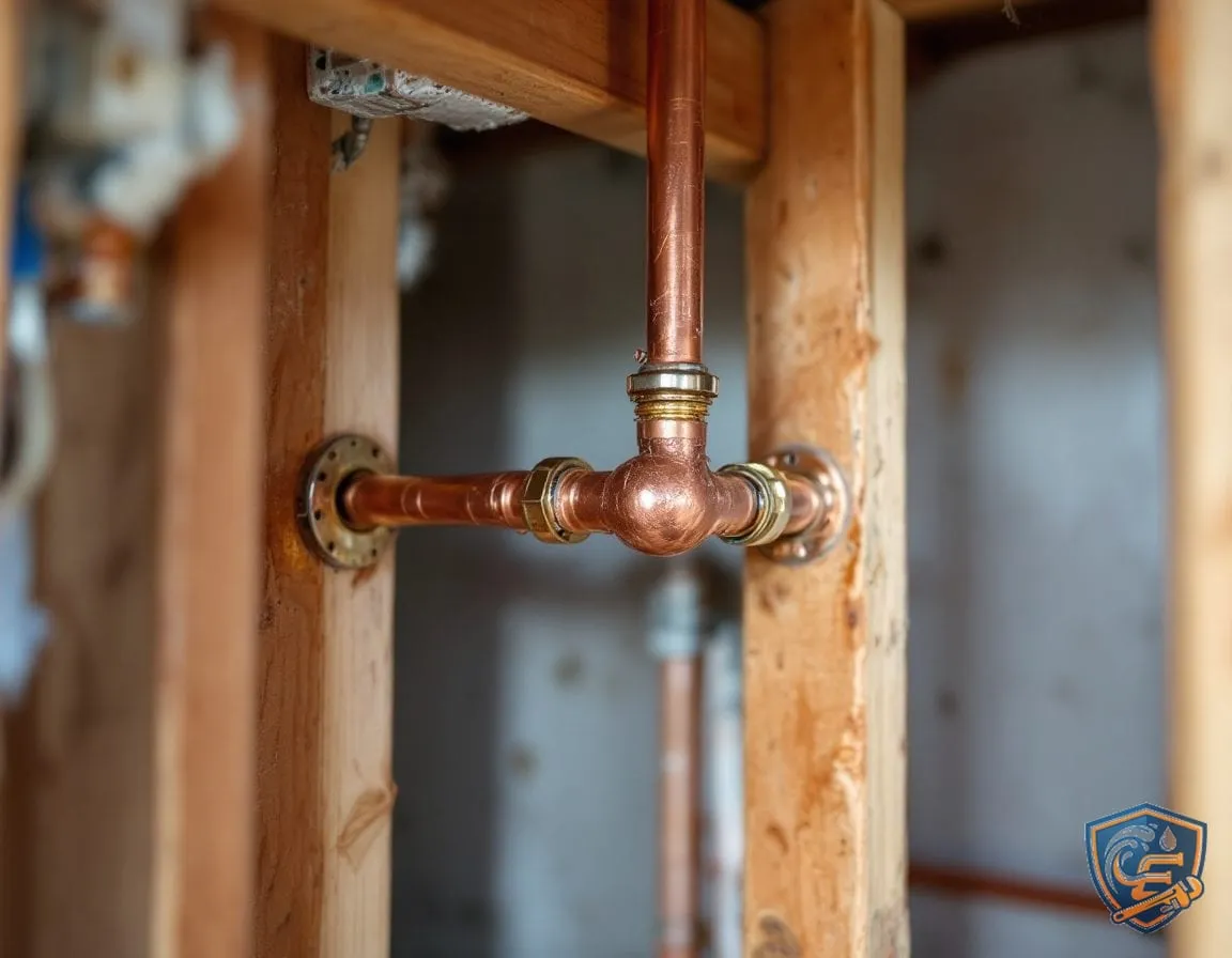 A close view of a copper plumbing distribution manifold with several soldered branch lines inside an open wall cavity