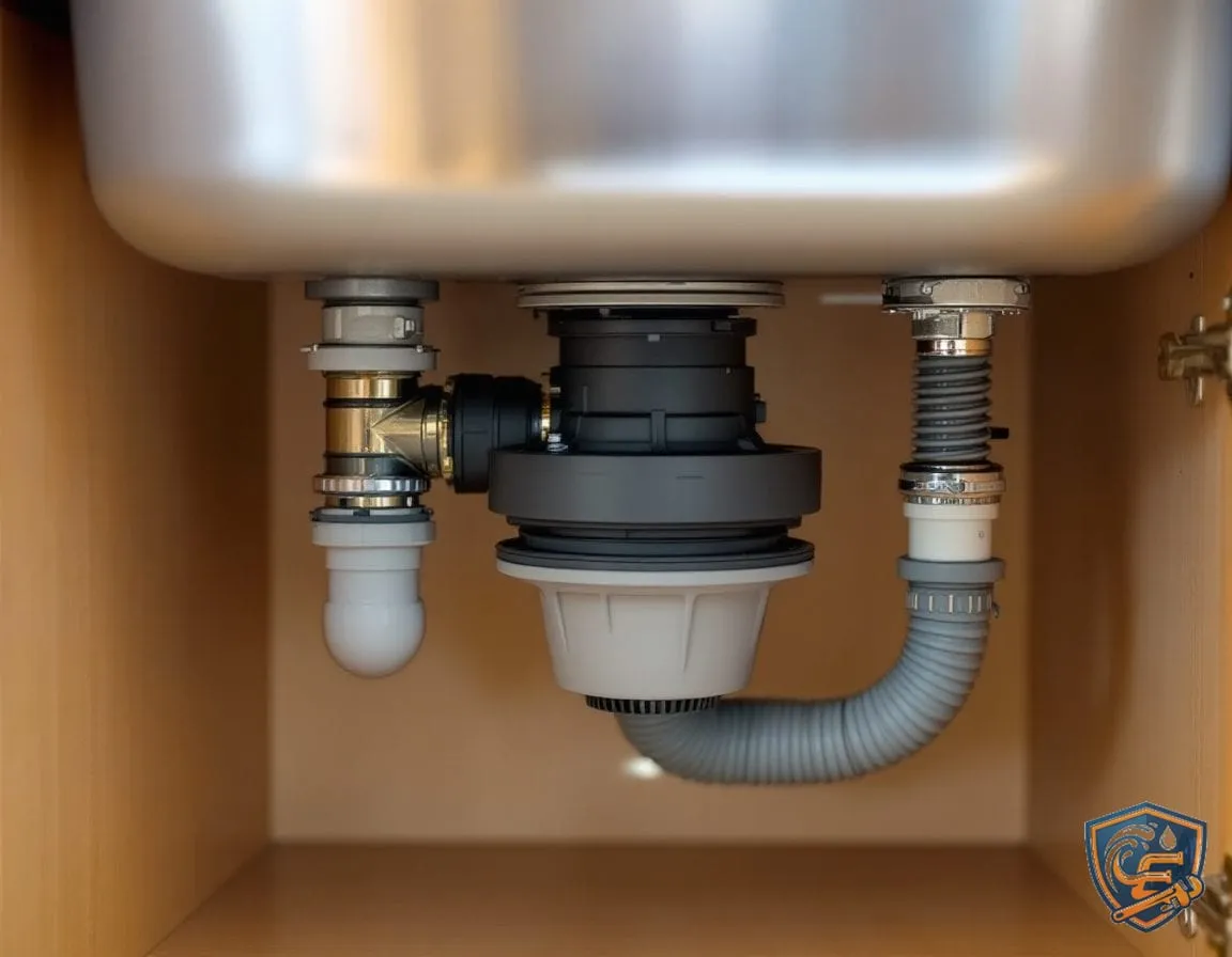 A garbage disposal unit freshly mounted and sealed under a kitchen sink, drain and supply connections visible