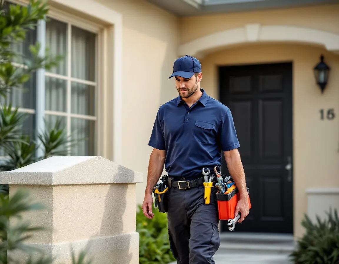 A plumbing technician in a navy polo carrying a toolbox toward a North Miami duplex in clear midday light