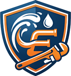 Emergency Plumbing Of North Miami crest: a navy shield with an orange pipe-wrench monogram and a white wave